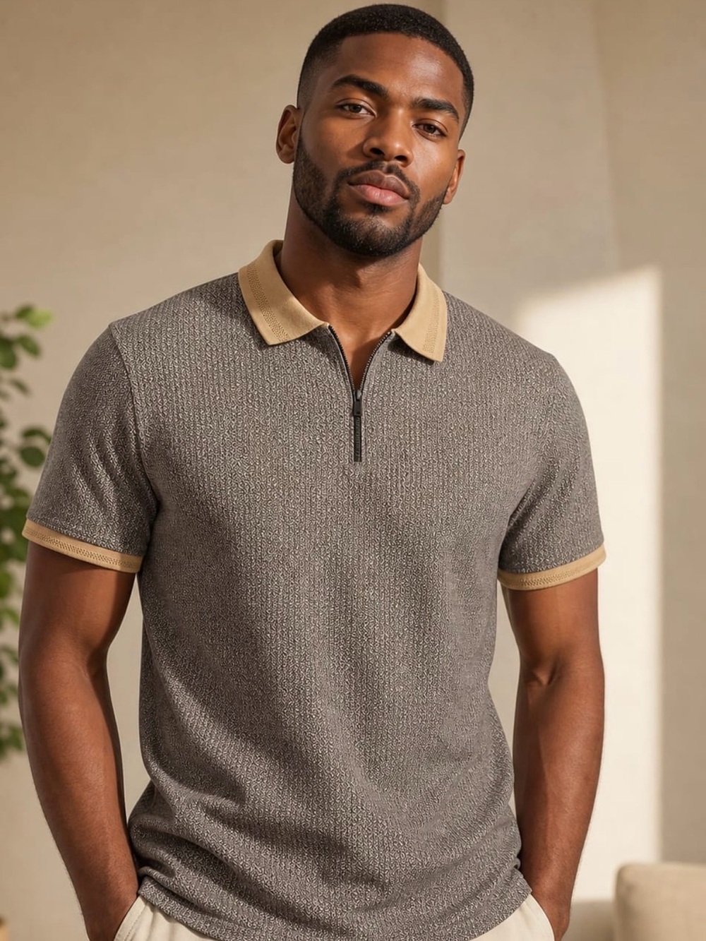 Short-Sleeve Heather Gray Zip Polo with Tan Trim